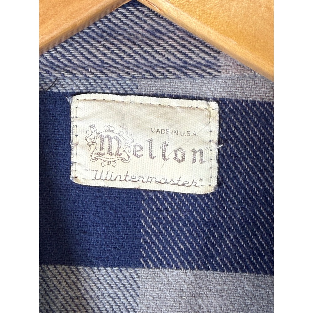 Vintage Melton Wintermaster Flannel Shirt Blue Gray Plaid Made in USA Mens L - Picture 4 of 6
